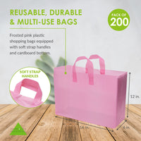 200 Pack 16x6x12 Large Frosted Pink Plastic Bags with Handles Bulk Carton