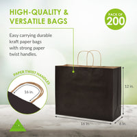 200 Pack 16x6x12 Large Black Paper Bags with Handles Bulk Carton