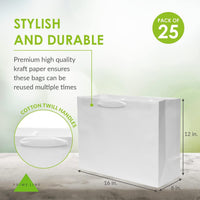 25 16x6x12 Large White Paper Bags with Ribbon Handles