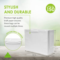 150 16x6x12 Large White Paper Bags with Ribbon Handles